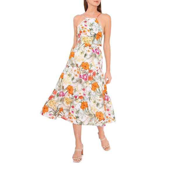 Chelsea & Violet Tropical Floral Print Tiered Midi Dress Linen Blend Tie Back - Picture 2 of 12